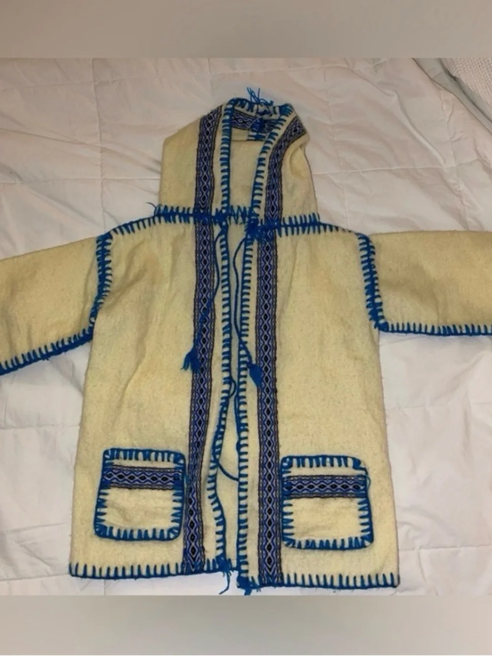 Handmade Bohemian Cream Hooded Kids Jacket with Blue Trim - Kids XL